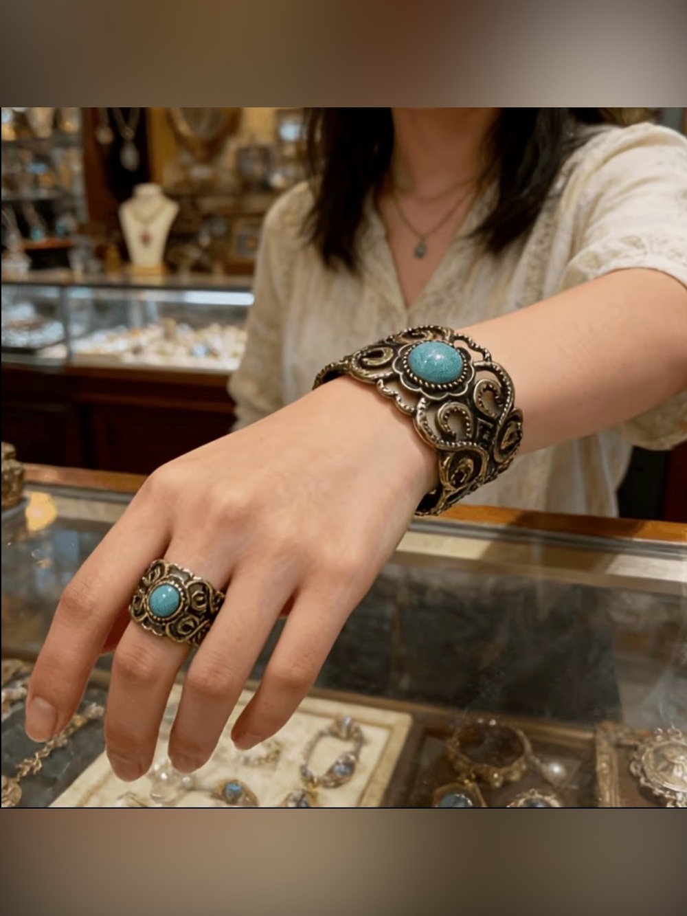 Turquoise Stone Filigree Cuff Bracelet and Ring Set - Women Jewelry Bracelets